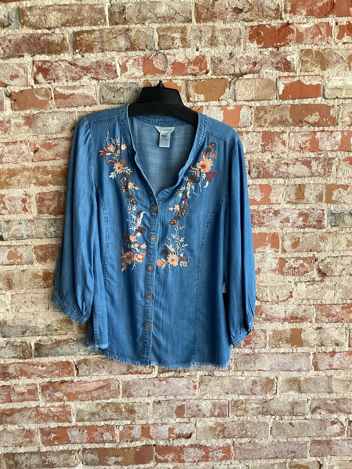 Multiples Embroidered Top with Fringe Hem