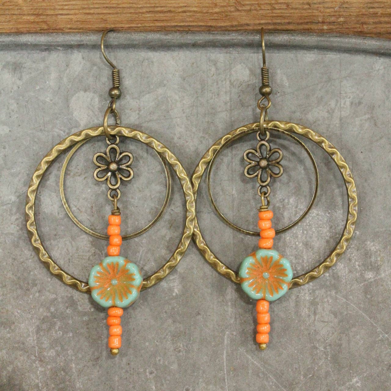 Flower Dangle Bead & Czech Hoop Earrings