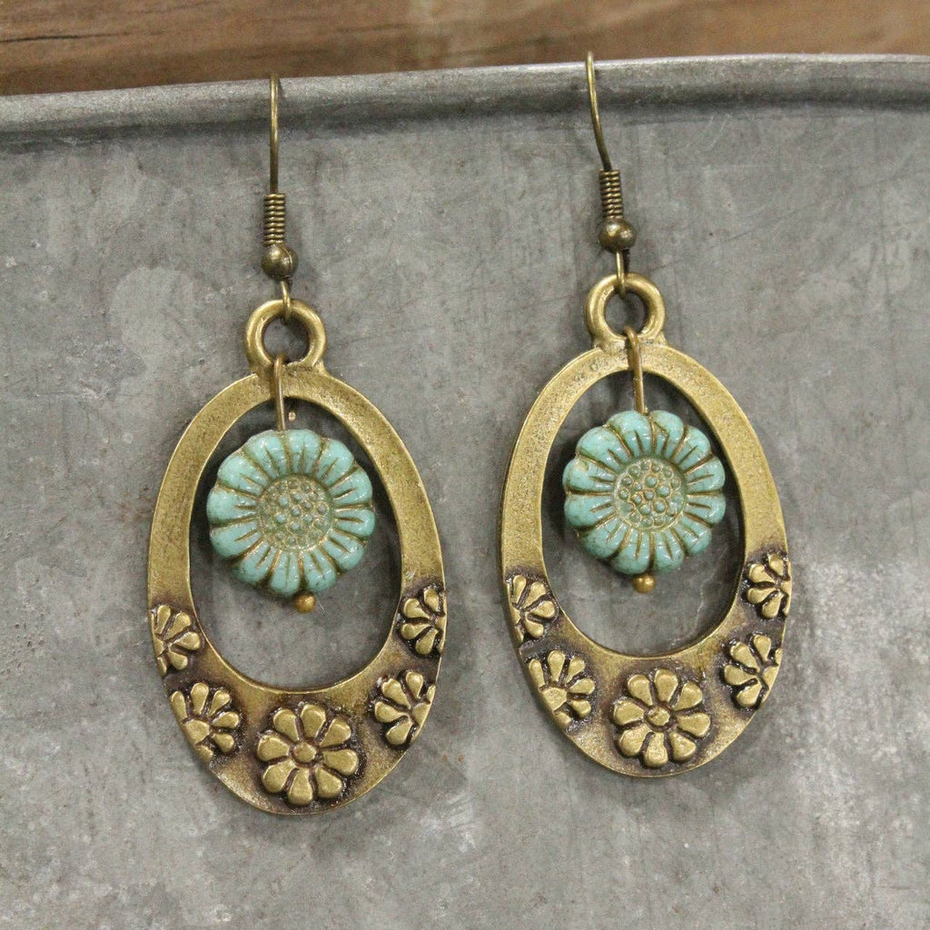 Groovy Flower Power Czech Mint Hoop Earrings