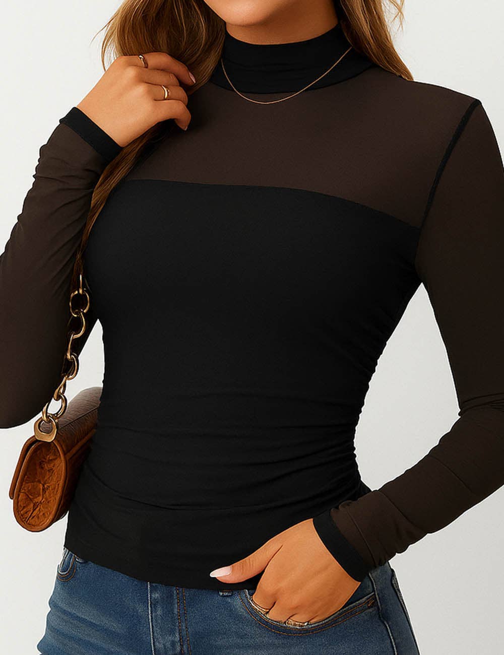 Sheer Mock Neck Long Sleeves Mesh Top