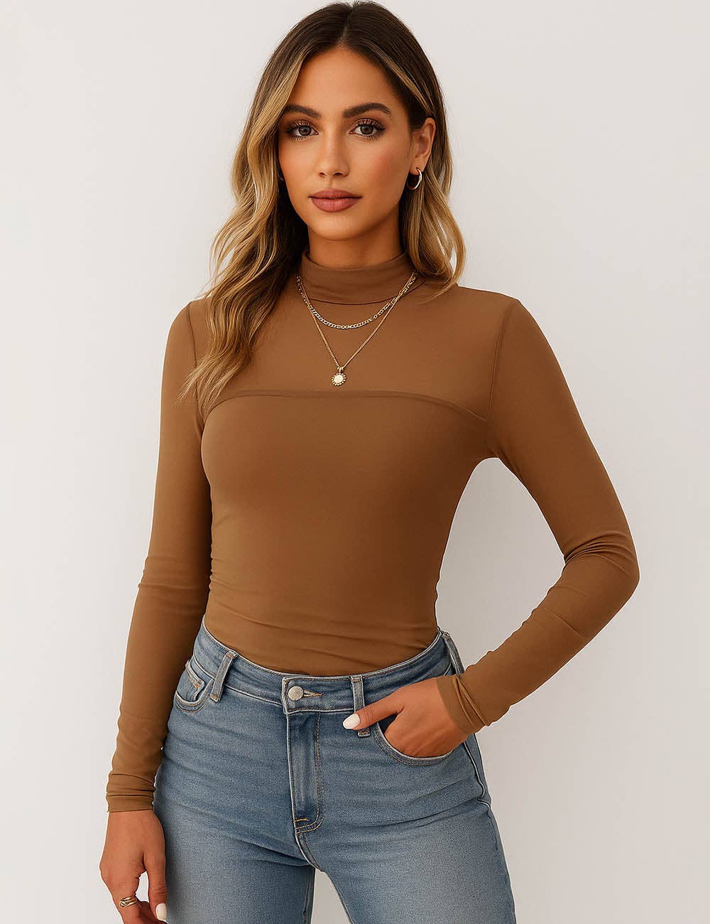 Sheer Mock Neck Long Sleeves Mesh Top