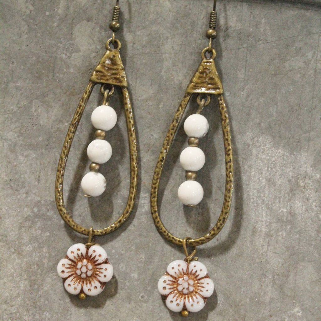 Teardrop Czech Flower & White Bead Dangle Earrings