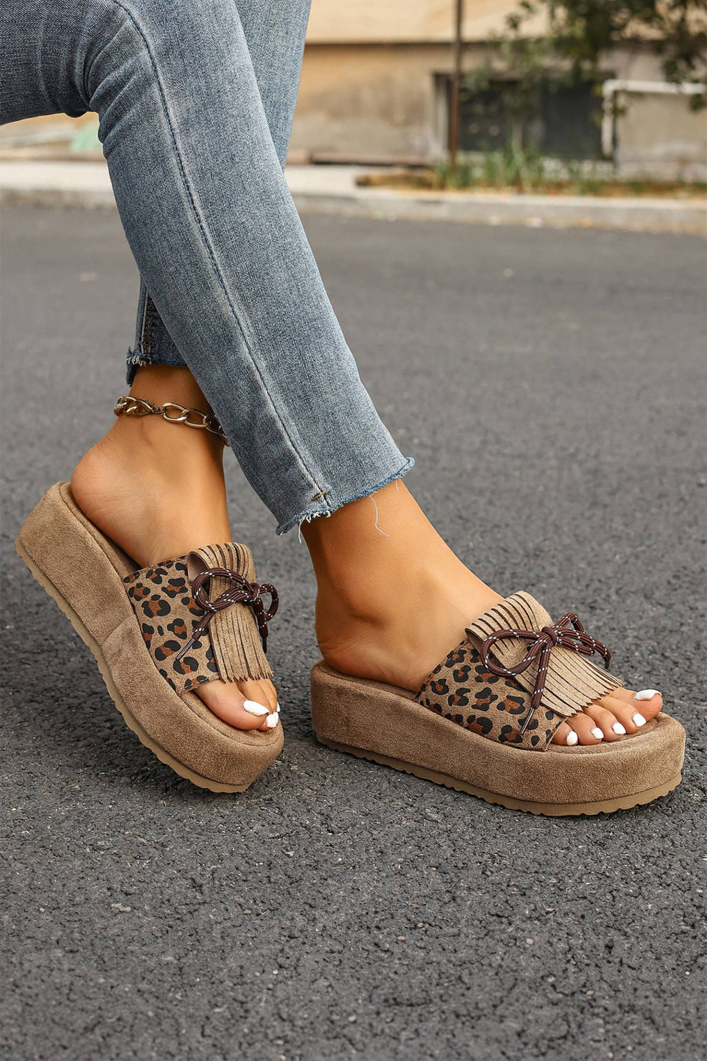 Leopard Faux Suede Slashed Lace-up Detail Platform Slippers