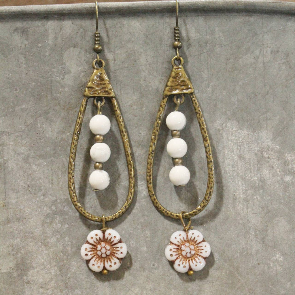 Teardrop Czech Flower & White Bead Dangle Earrings