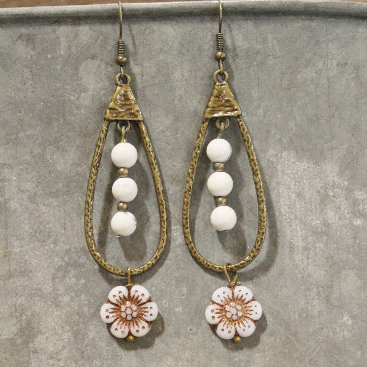 Teardrop Czech Flower & White Bead Dangle Earrings
