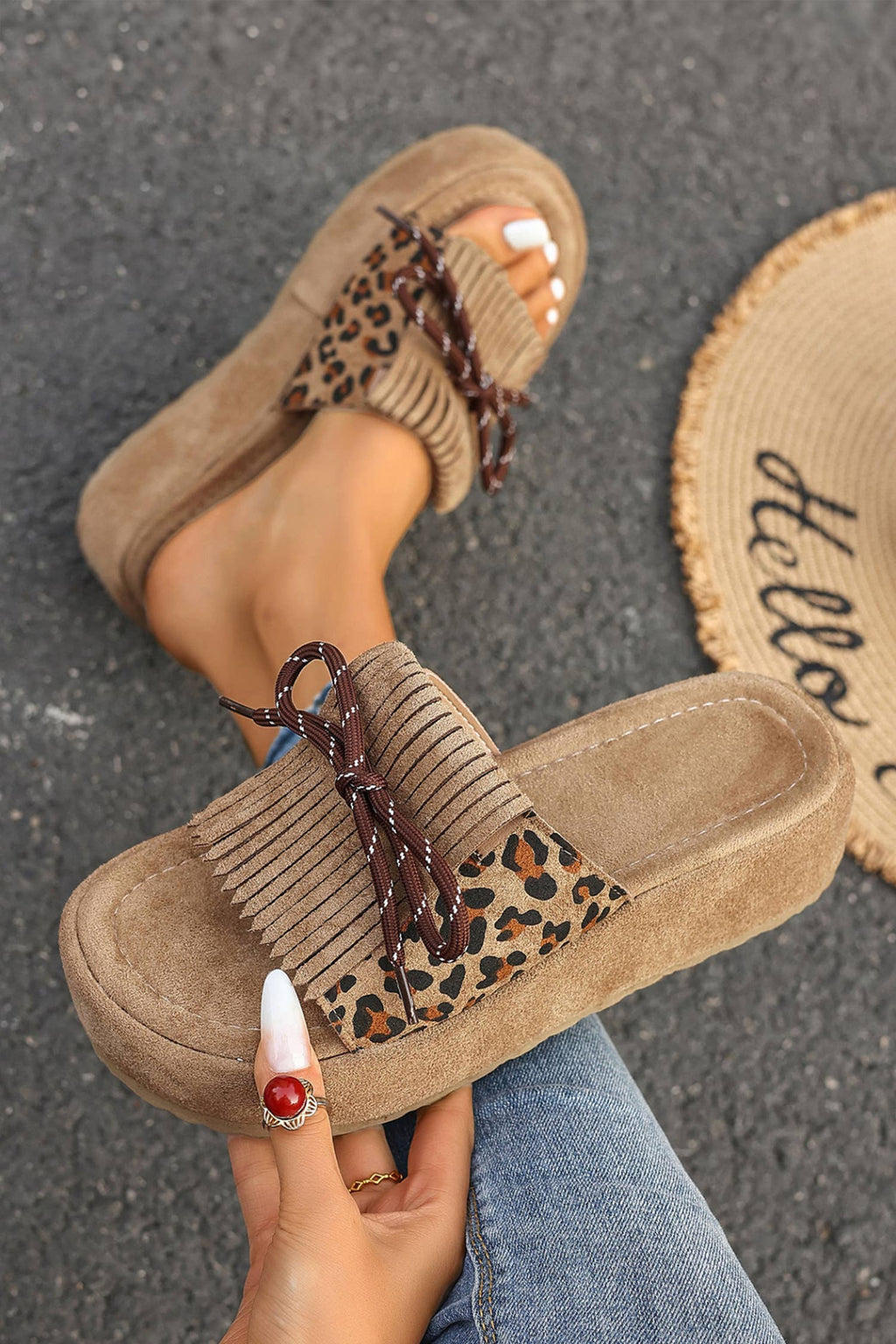 Leopard Faux Suede Slashed Lace-up Detail Platform Slippers