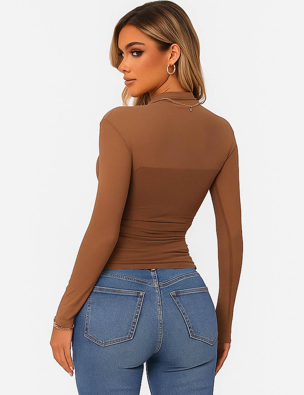 Sheer Mock Neck Long Sleeves Mesh Top
