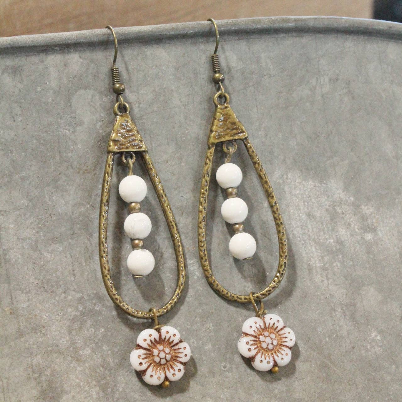 Teardrop Czech Flower & White Bead Dangle Earrings