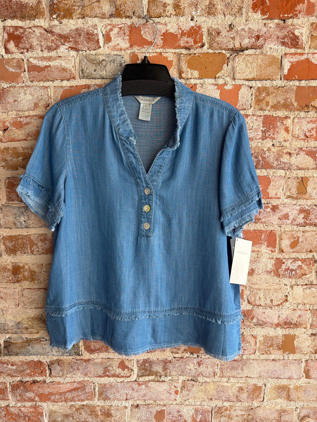 Multiples Fringe Button Front Top