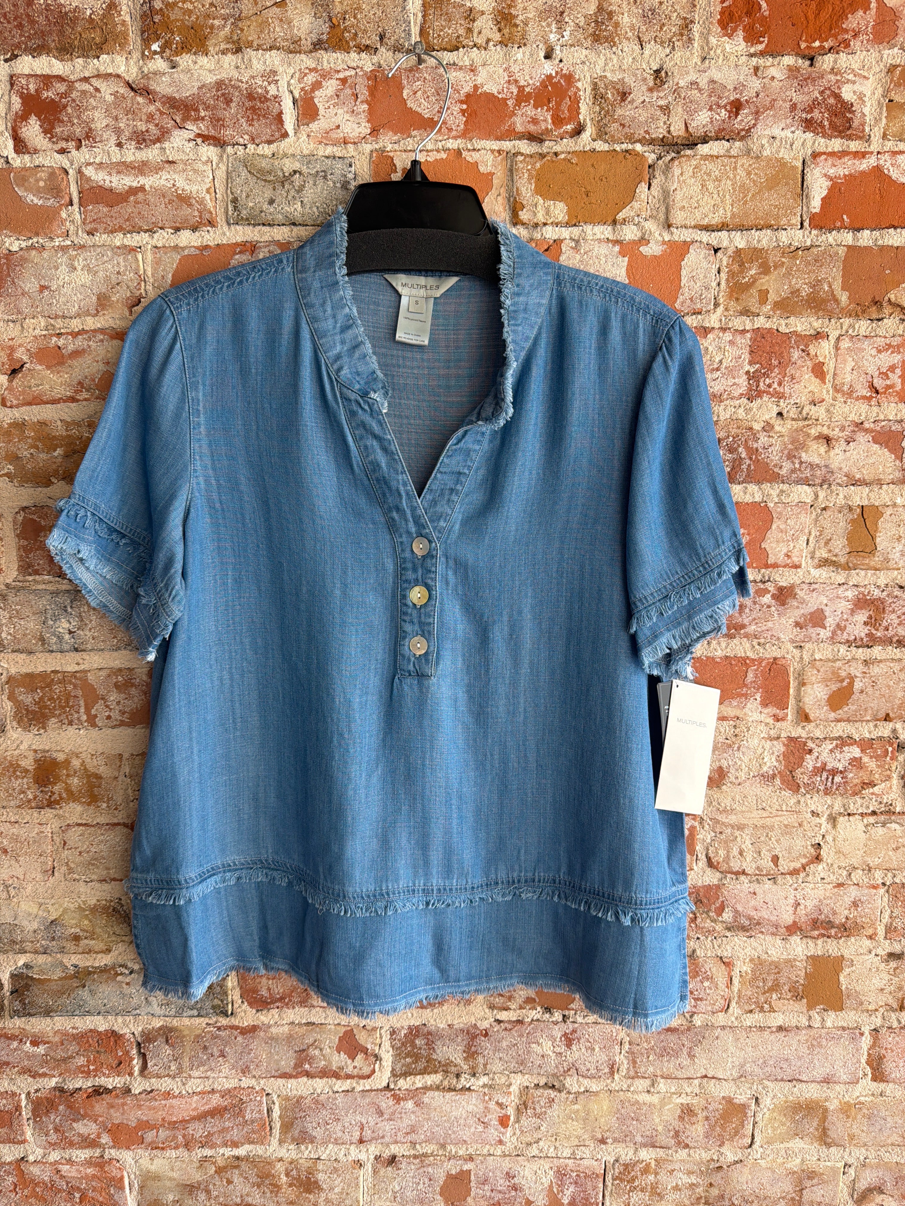 Multiples Fringe Button Front Top