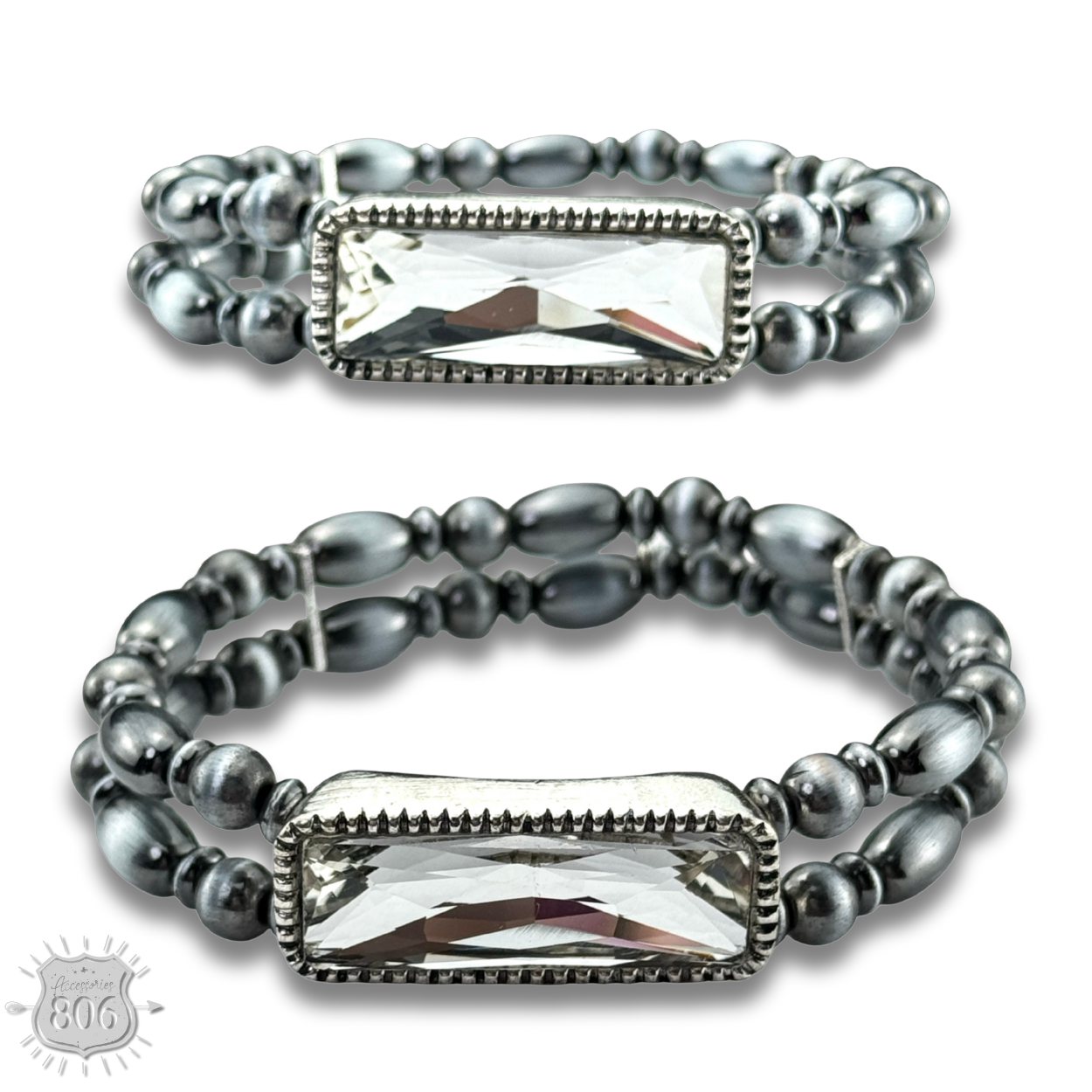 Burnished silver bead rhinestone bracelet