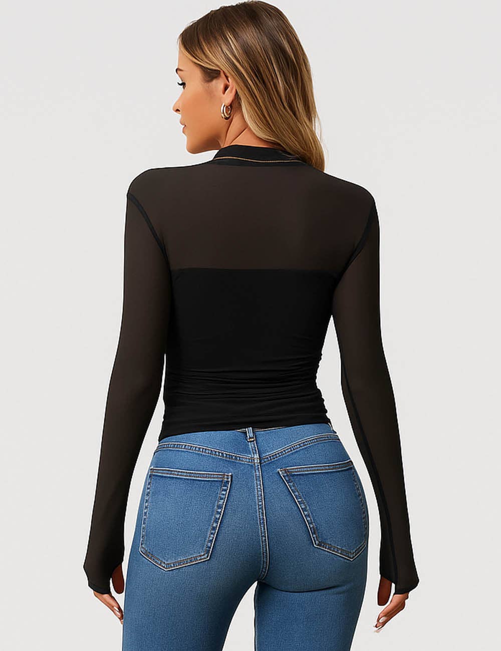 Sheer Mock Neck Long Sleeves Mesh Top
