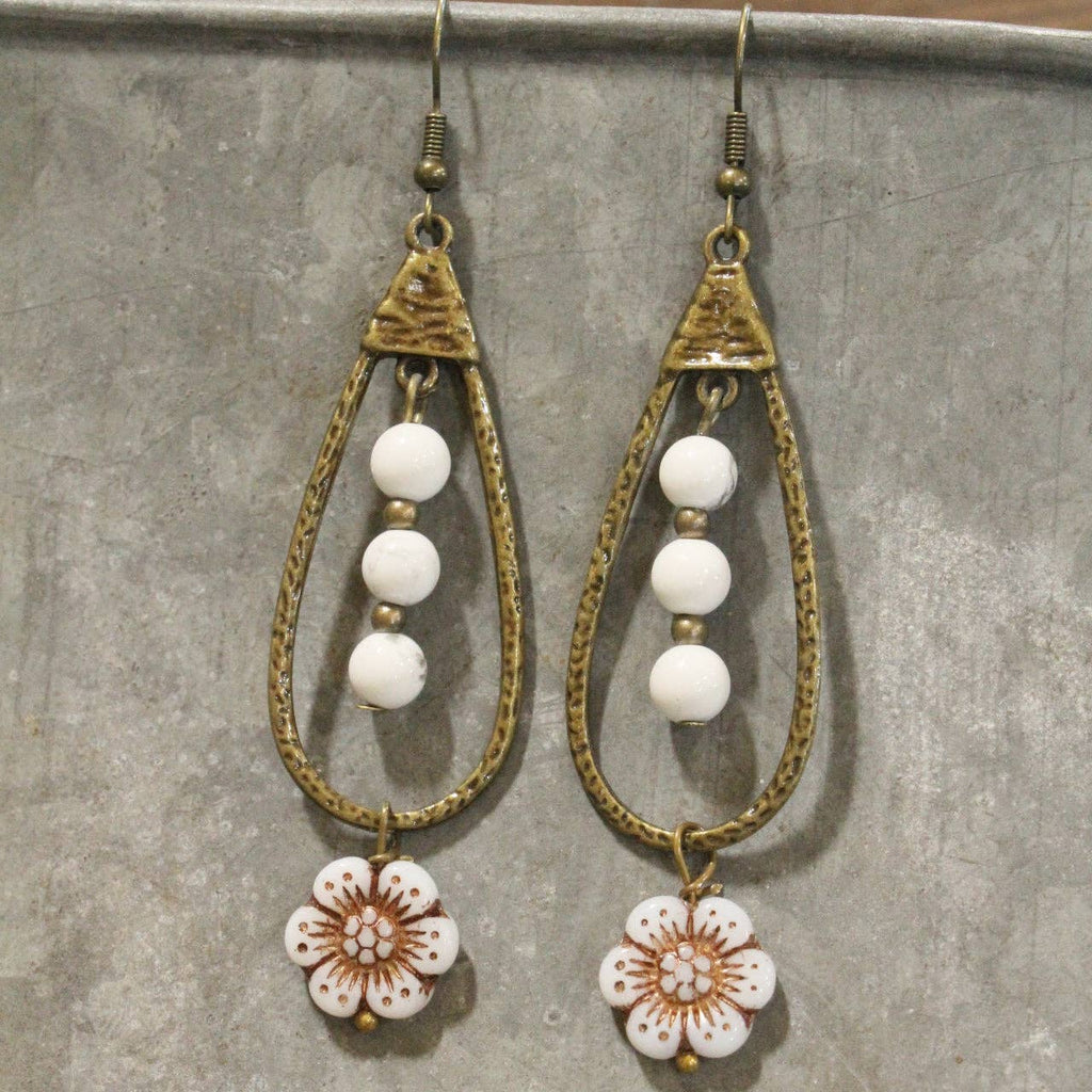 Teardrop Czech Flower & White Bead Dangle Earrings