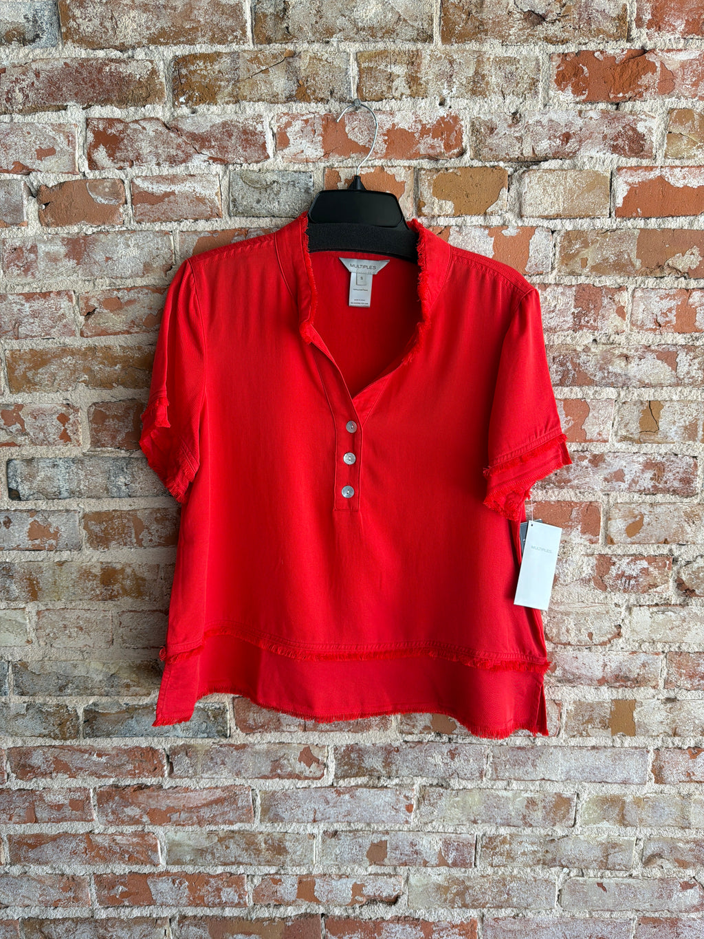 Multiples Fringe Hem Band Collar Top