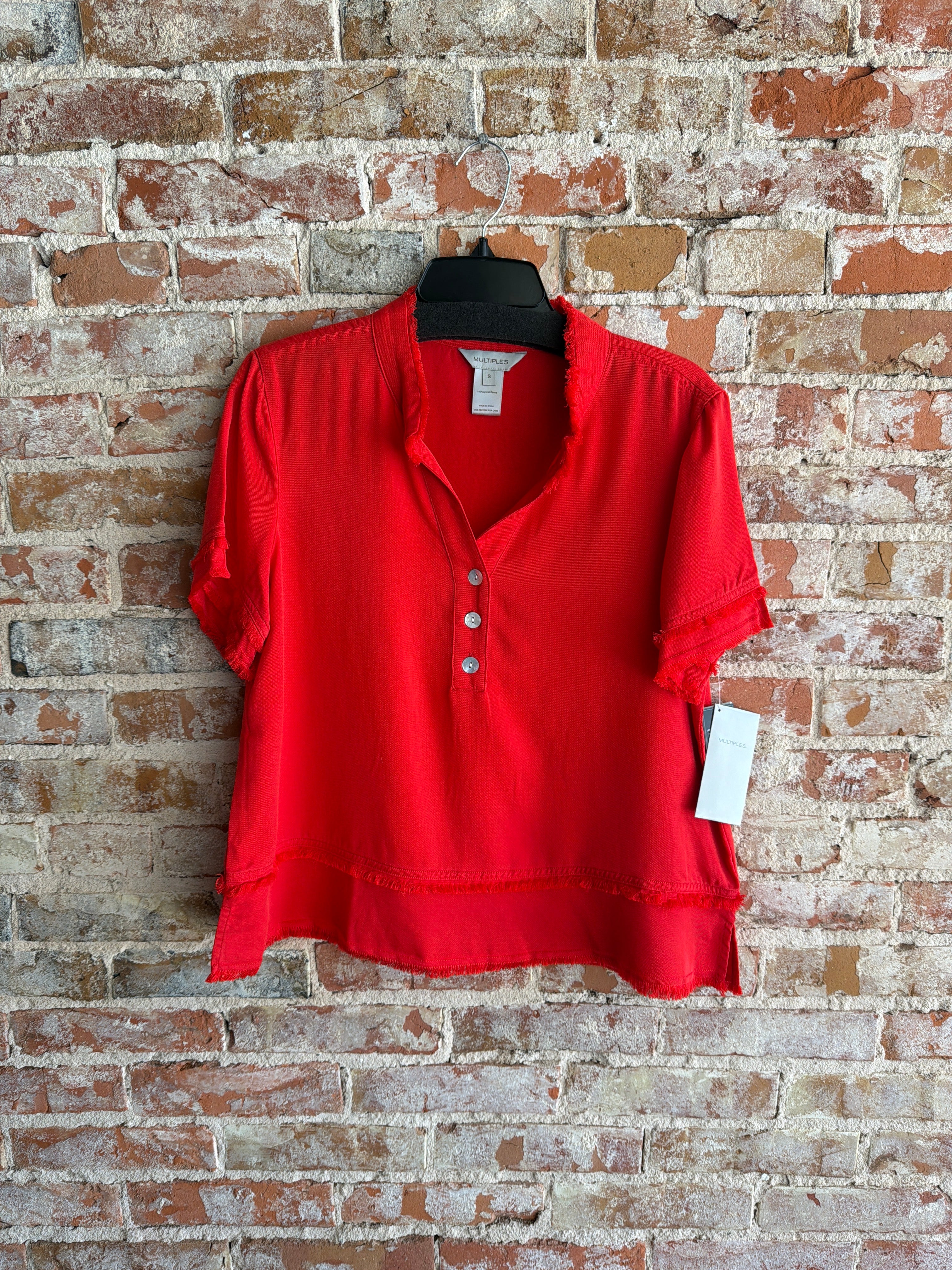 Multiples Fringe Hem Band Collar Top