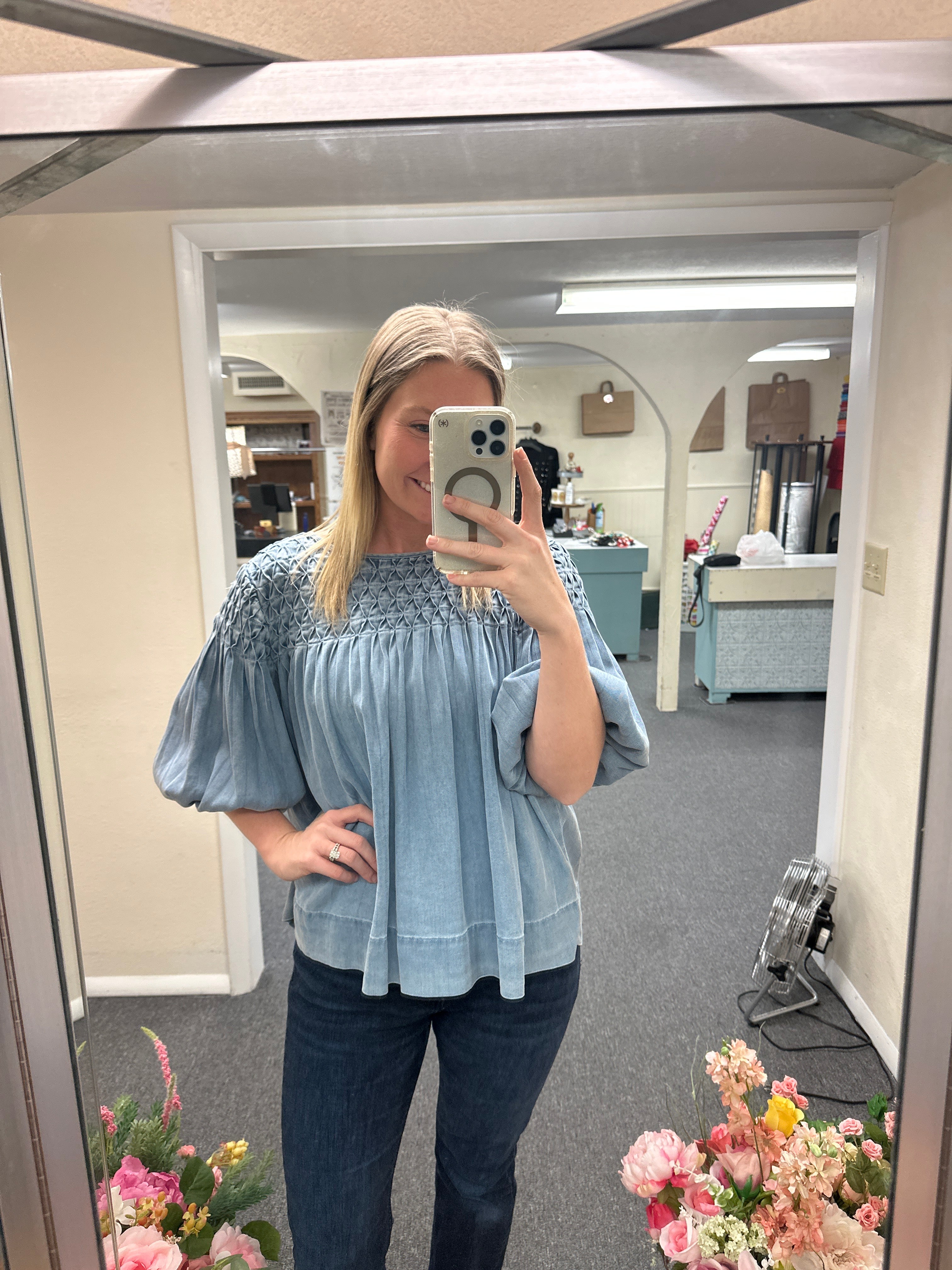 Tru Luxe Smocked Denim Top