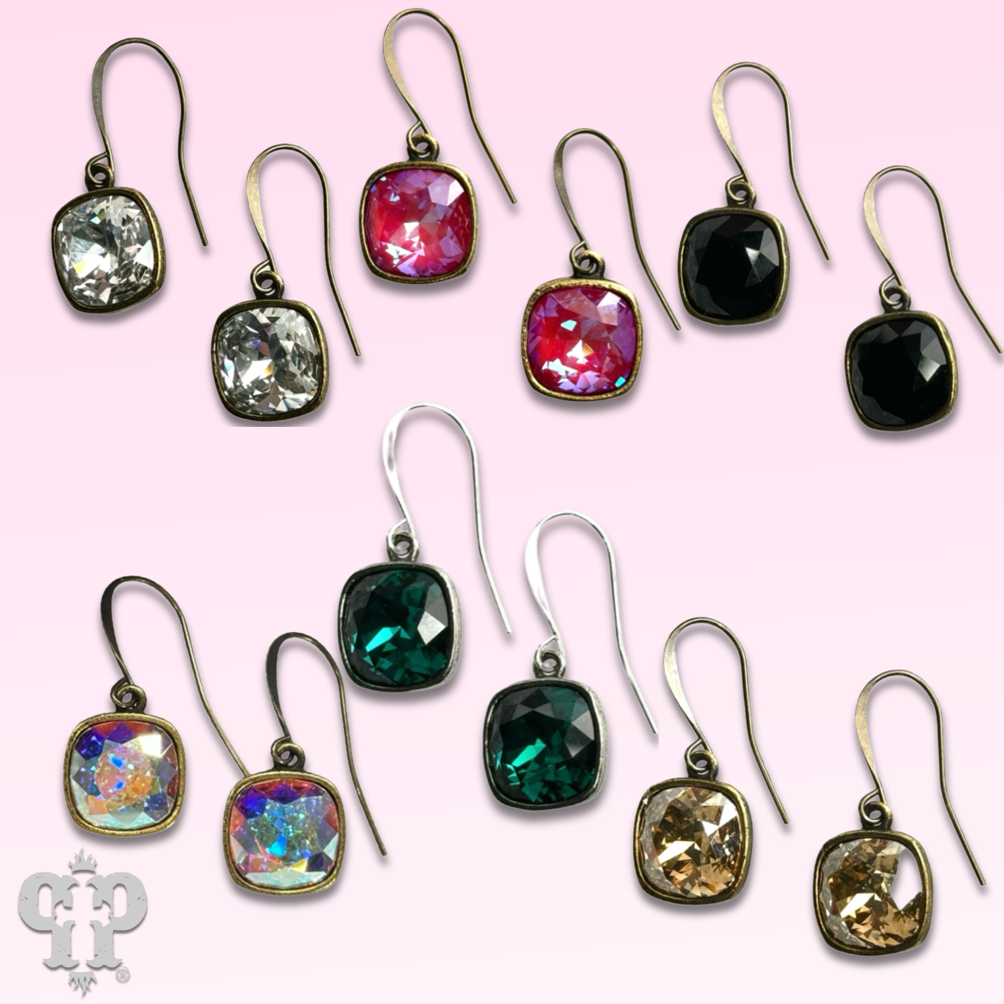 Pink Panache Austrian square crystal hook earring, 12mm