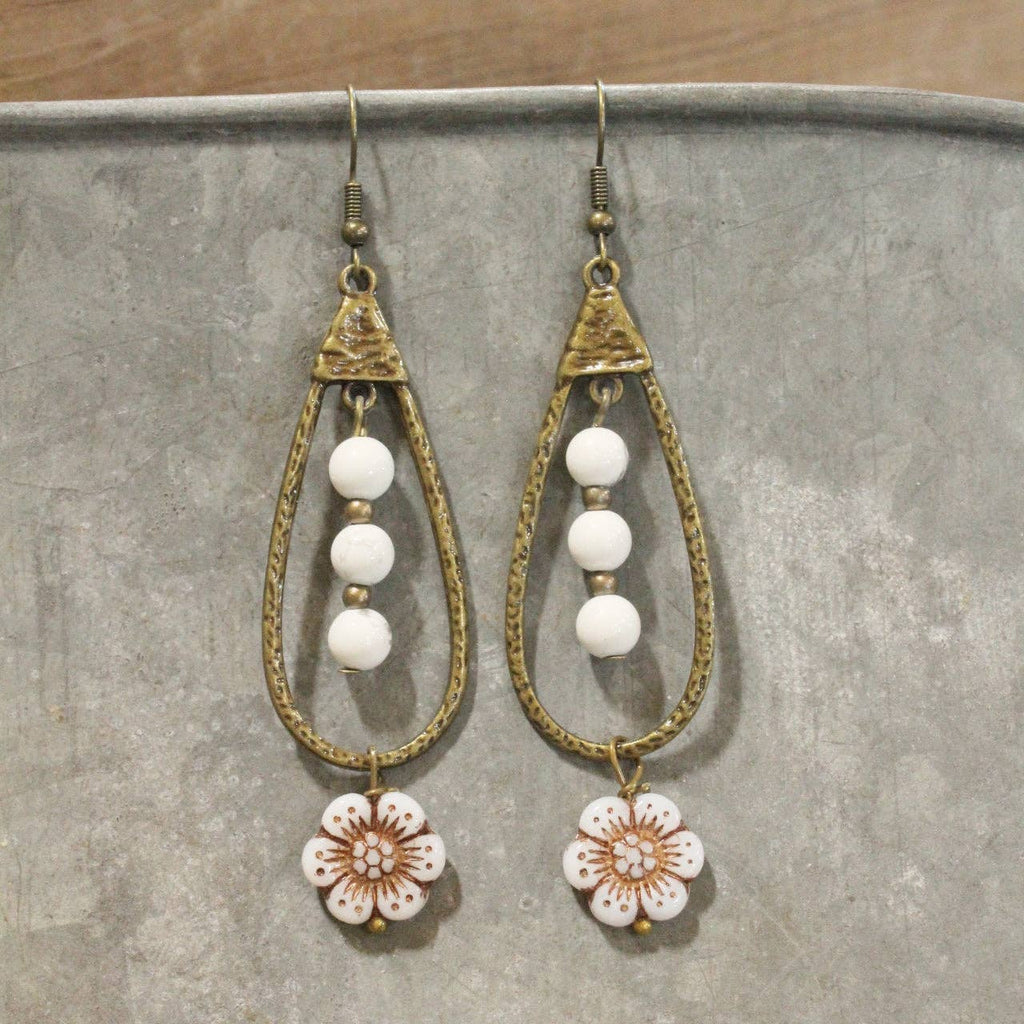Teardrop Czech Flower & White Bead Dangle Earrings