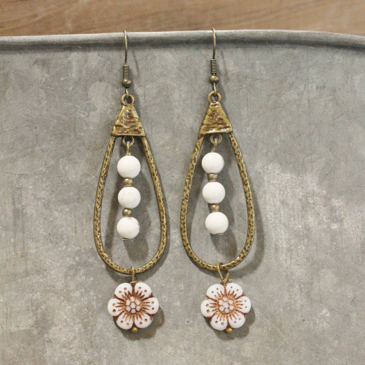 Teardrop Czech Flower & White Bead Dangle Earrings