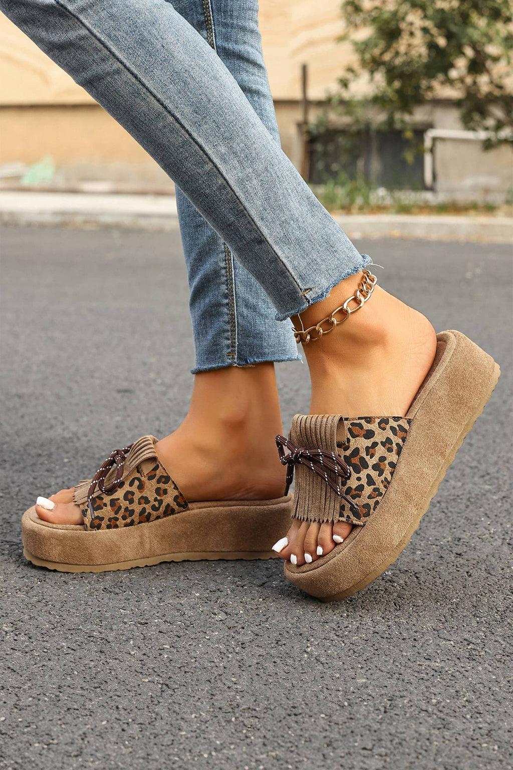 Leopard Faux Suede Slashed Lace-up Detail Platform Slippers