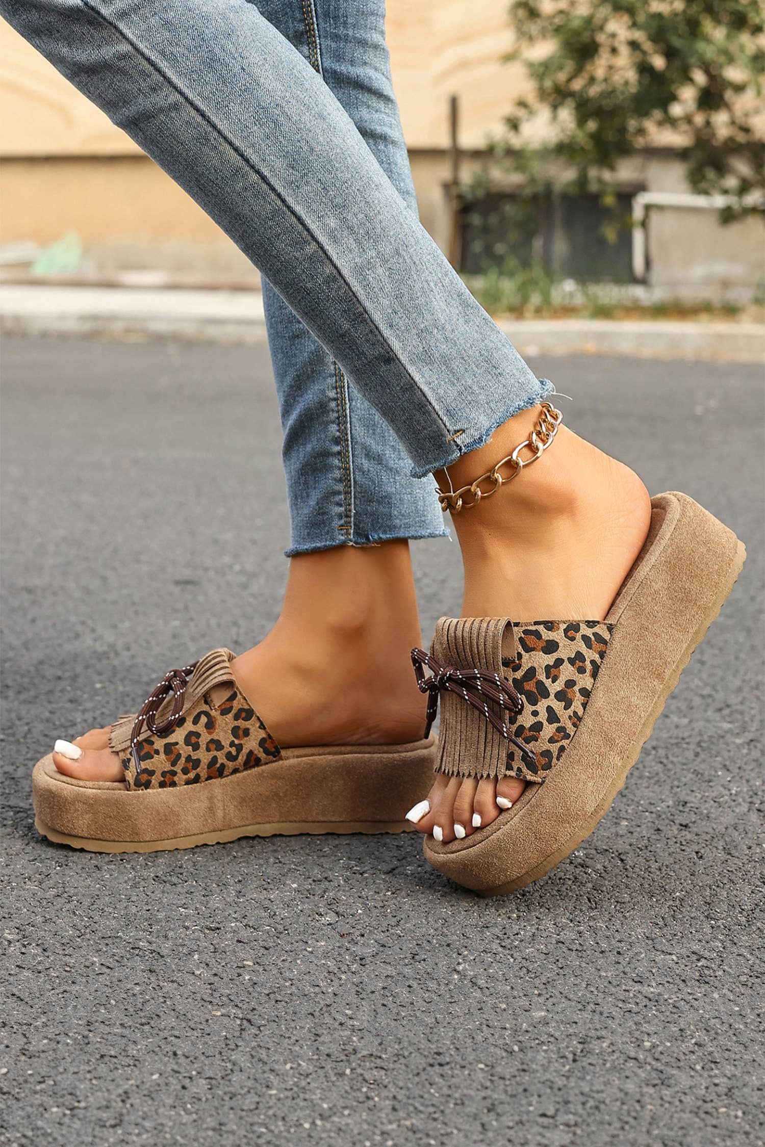 Leopard Faux Suede Slashed Lace-up Detail Platform Slippers