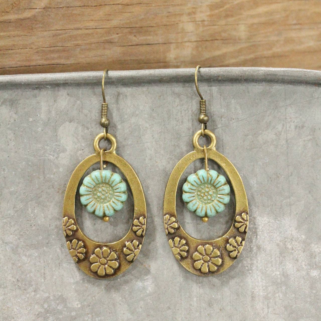 Groovy Flower Power Czech Mint Hoop Earrings