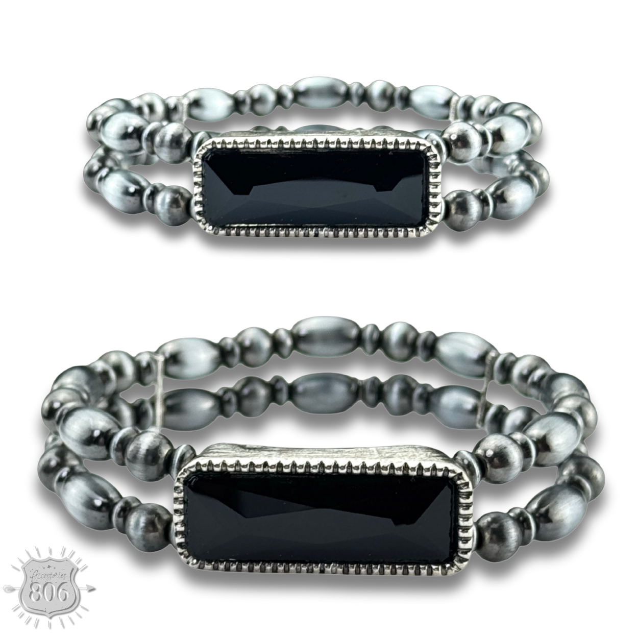 Burnished silver bead rhinestone bracelet