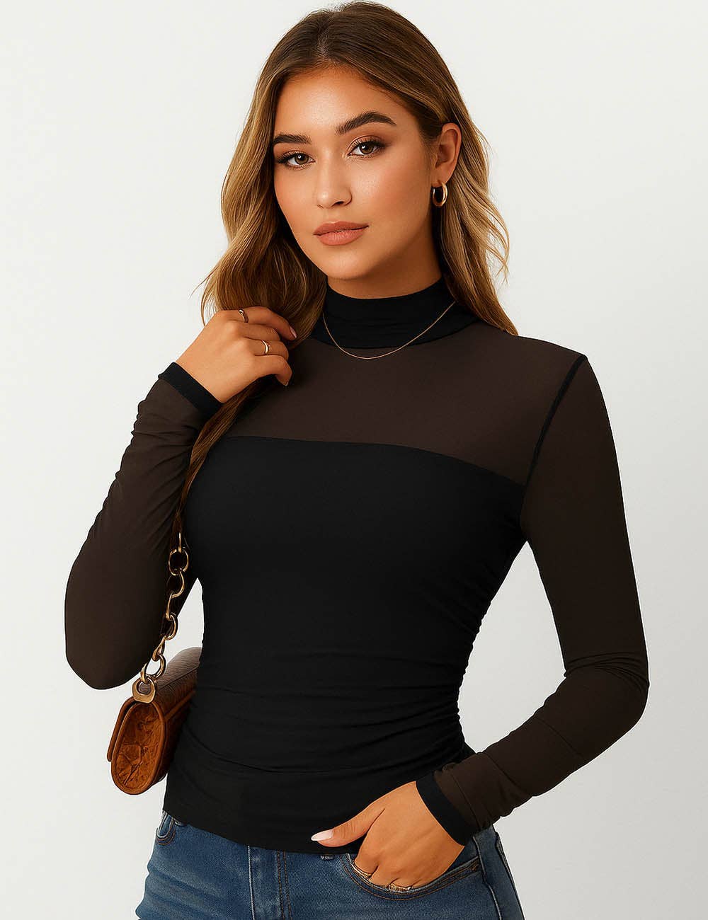 Sheer Mock Neck Long Sleeves Mesh Top