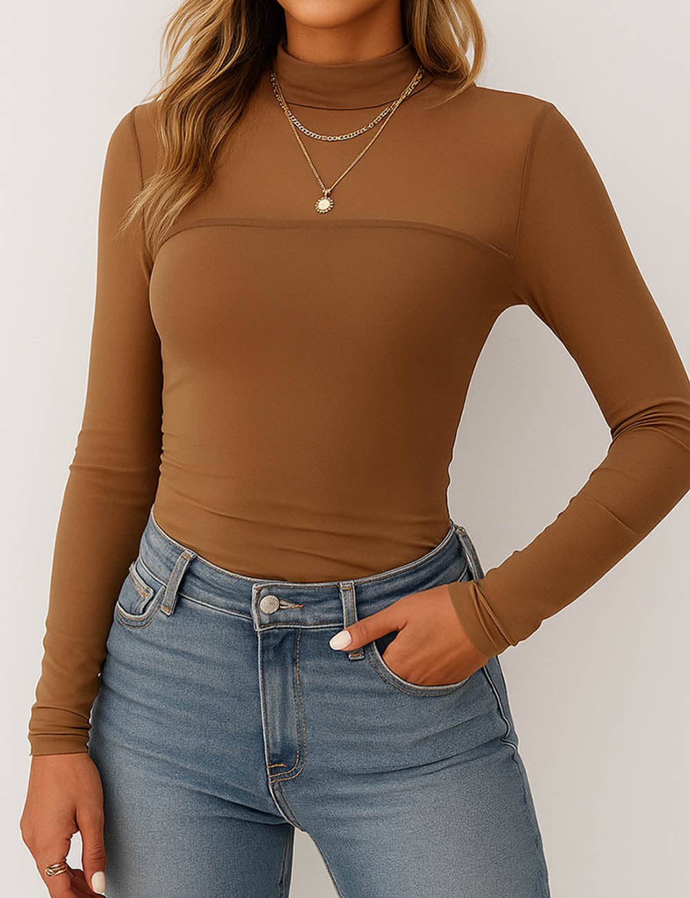 Sheer Mock Neck Long Sleeves Mesh Top